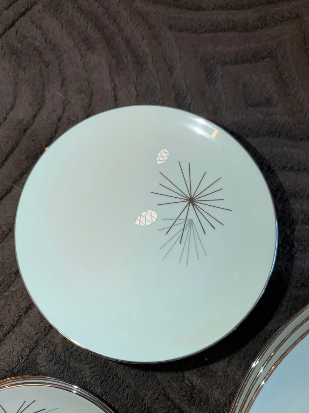 Light Blue Retro Atomic Dinner Plate Set with Silver Trim Silver Pine